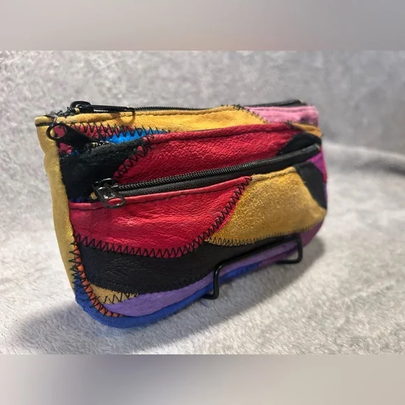 Vtg 80s La Covina Multicolored Recycled Leather Patchwork Shoulder Bag w/ Wallet - Picture 11 of 16